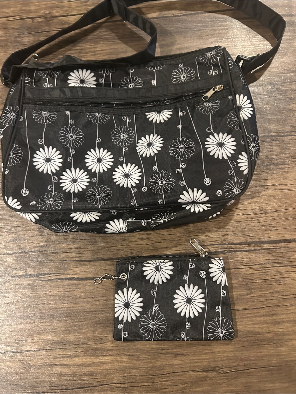 Black Floral Crossbody Bag with White Daisy Print